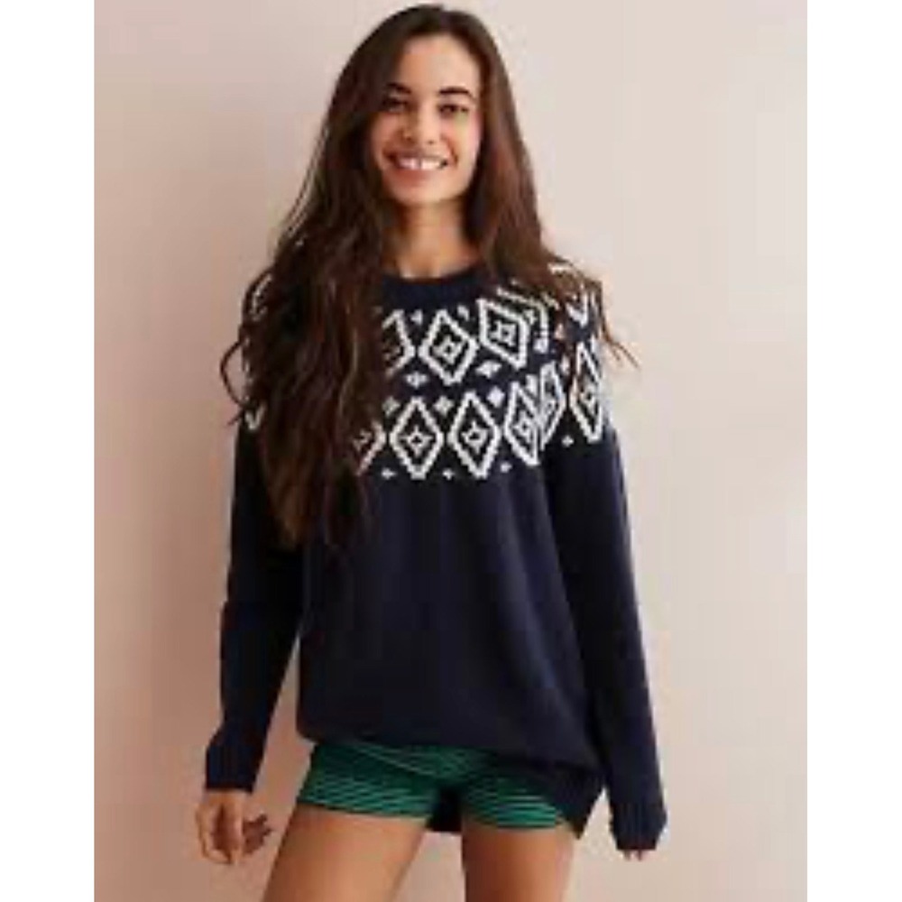 Aerie Womens XL Navy Blue Fair Isle Geometric Knit Pullover Sweater High Low Hem